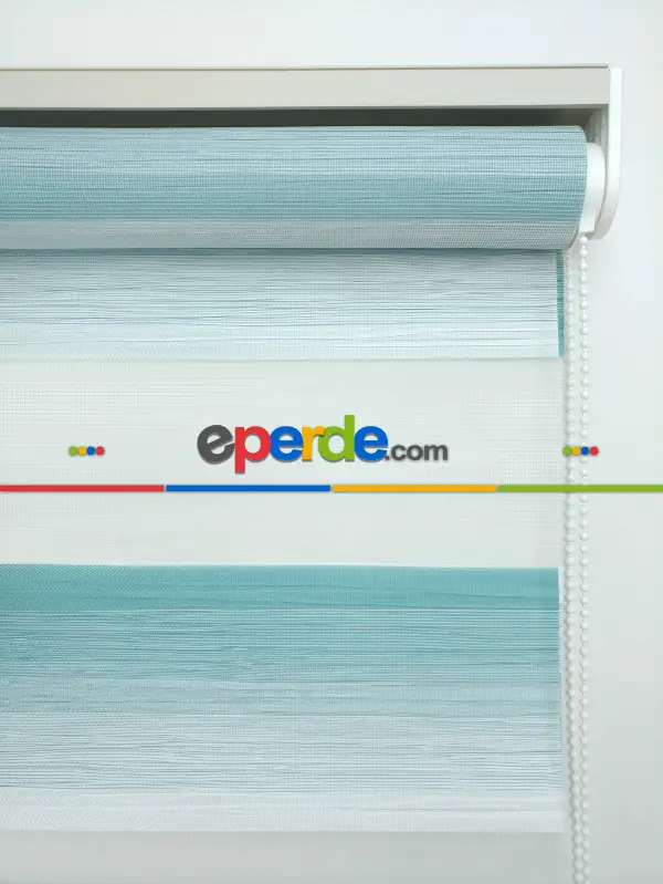 Salon Zebra Perde - Zebra Perde -turkuaz Geçişli Pileli Zebra (kalın Doku Zeminli)- Turkuaz Yeşili Ara Renk