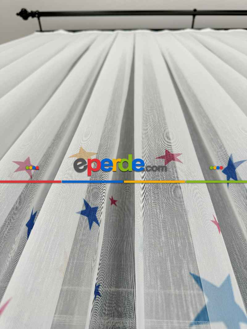 Bebek Odası Tül Perde - Çok Renkli Yıldız Baskılı Tül Perde, Çocuk-bebek Odası, Premium Seri