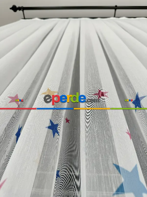 Bebek Odası Tül Perde - Çok Renkli Yıldız Baskılı Tül Perde, Çocuk-bebek Odası, Premium Seri