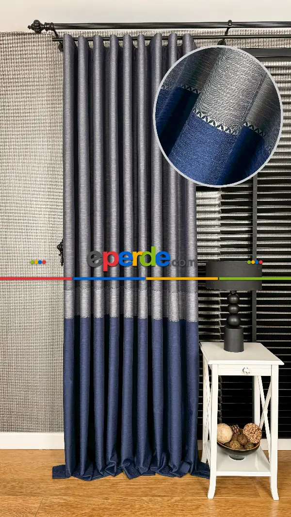 Koyu Mavi Gri Jakar Dokuma Fon Perde