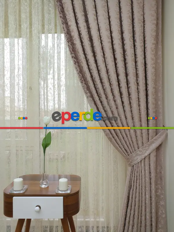 Yatak Odası - Pudra Duz Jakar Fon Perde - Pudra