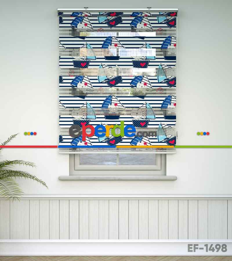 Bebek Odası Zebra -  Denizci Desenli Baskılı Zebra Perde- Çok Renkli