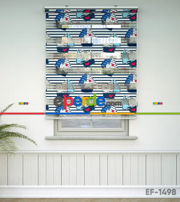 Bebek Odası Zebra -  Denizci Desenli Baskılı Zebra Perde- Çok Renkli