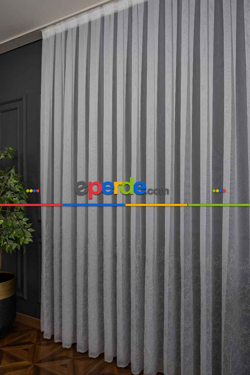 Gri Renk İşlemeli Geniş Etek Desen Selvi Model Ütü İstemez Kırışmaz Tasarım Tül