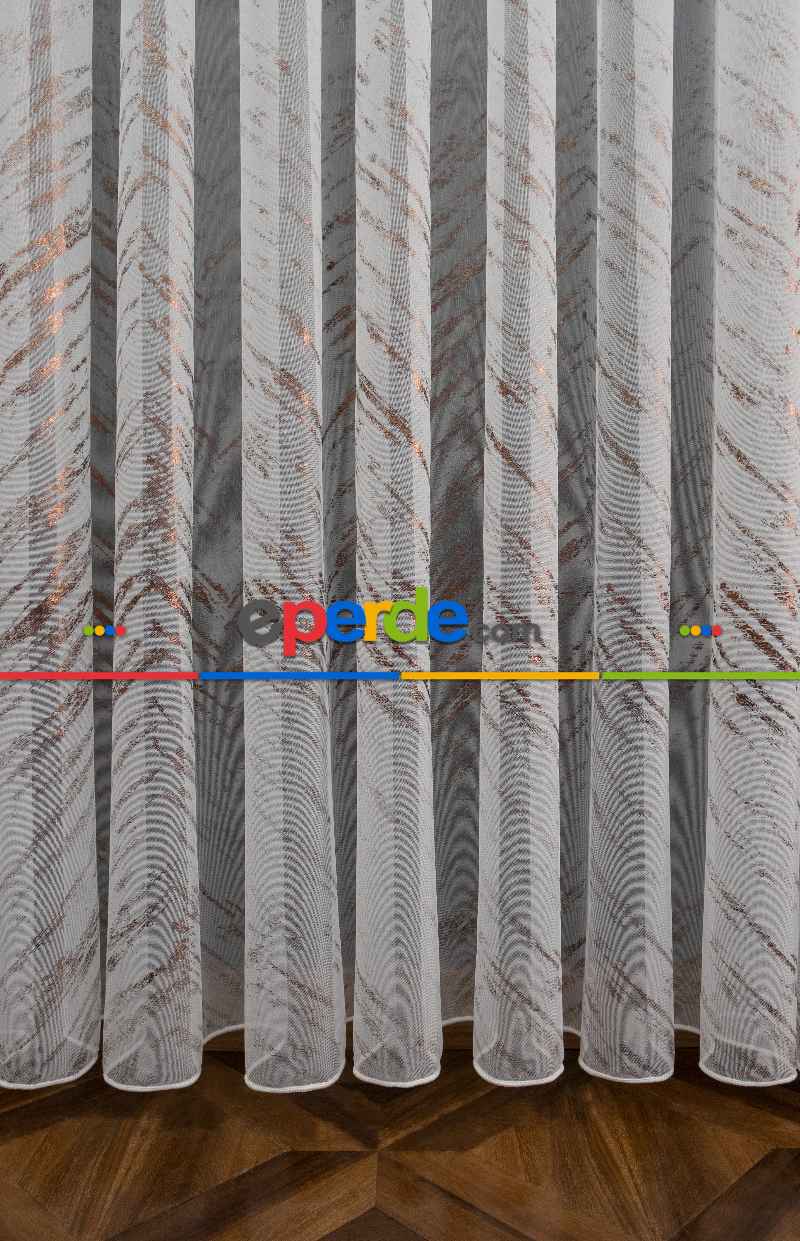 Yatak Odası - Modern Bronz Varaklı Keten Tül Perde Yüksek Kalite
