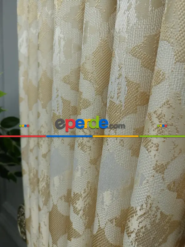 Krem Desenli Jakar Fon Perde (180)- Krem