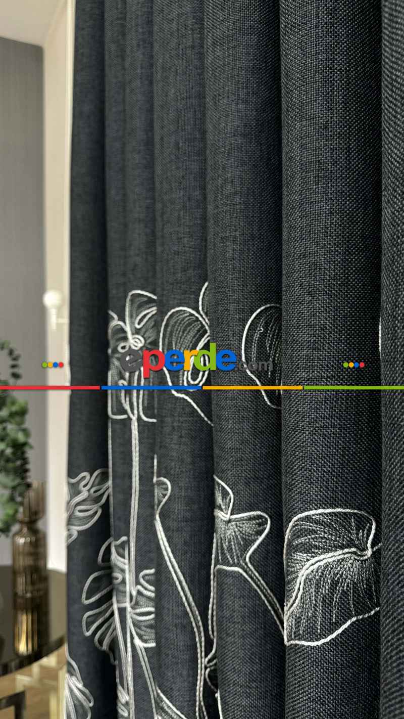 Antrasit Gri Palmiye Yaprak Desen Premium Keten Jakar Dokuma Nakışlı Pano Fon Perde - Gramajlı 2025