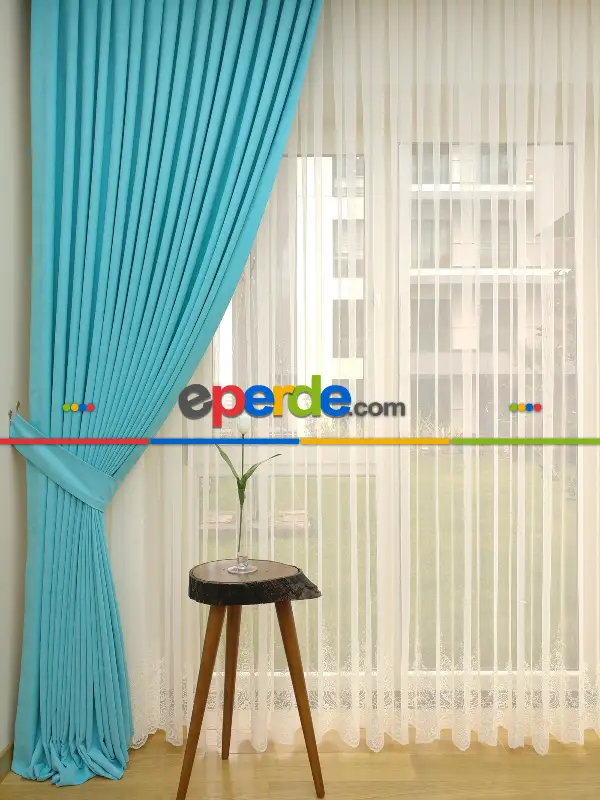 Salon Fon - Turkuaz - Düz Fon Perde (  Dökümlü Fon Perde)- Turkuaz