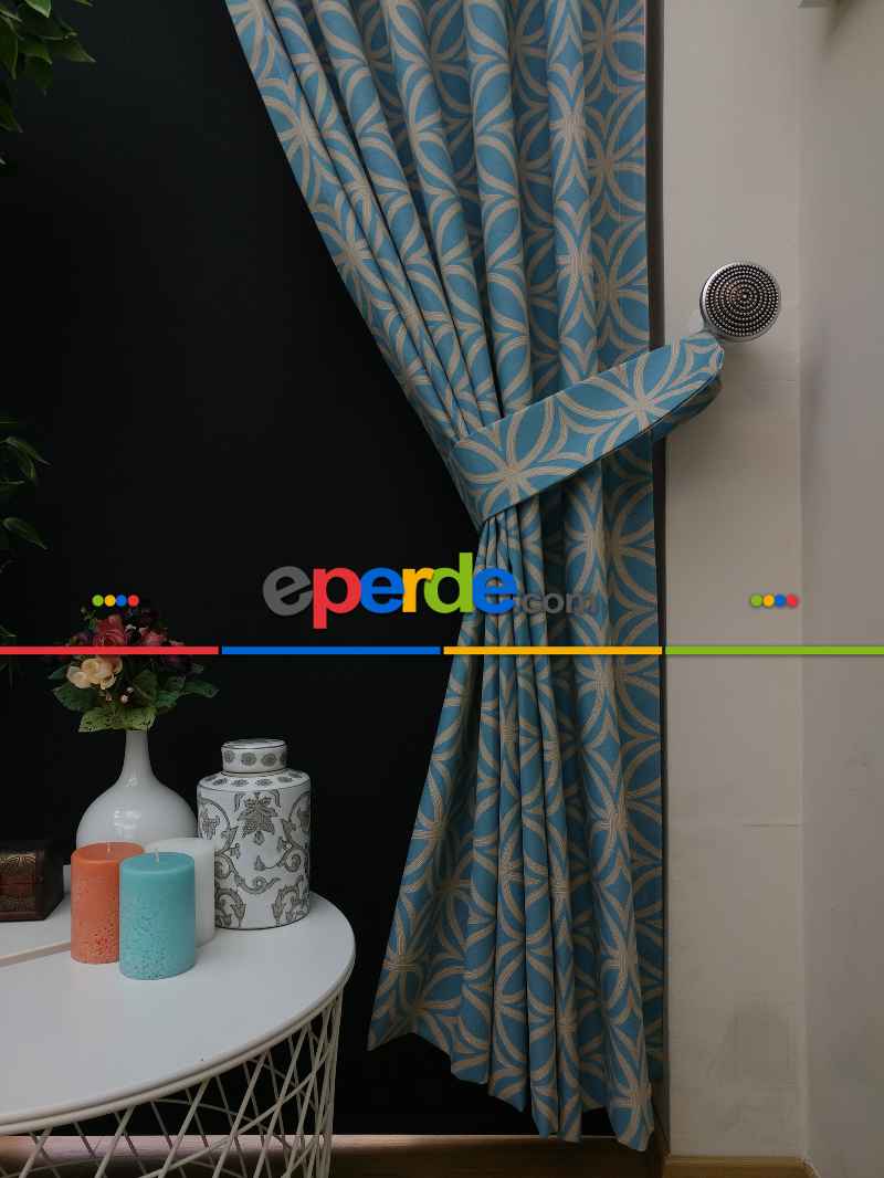 Dairesel Desenli Yatak Odası Fon Perde- Turkuaz