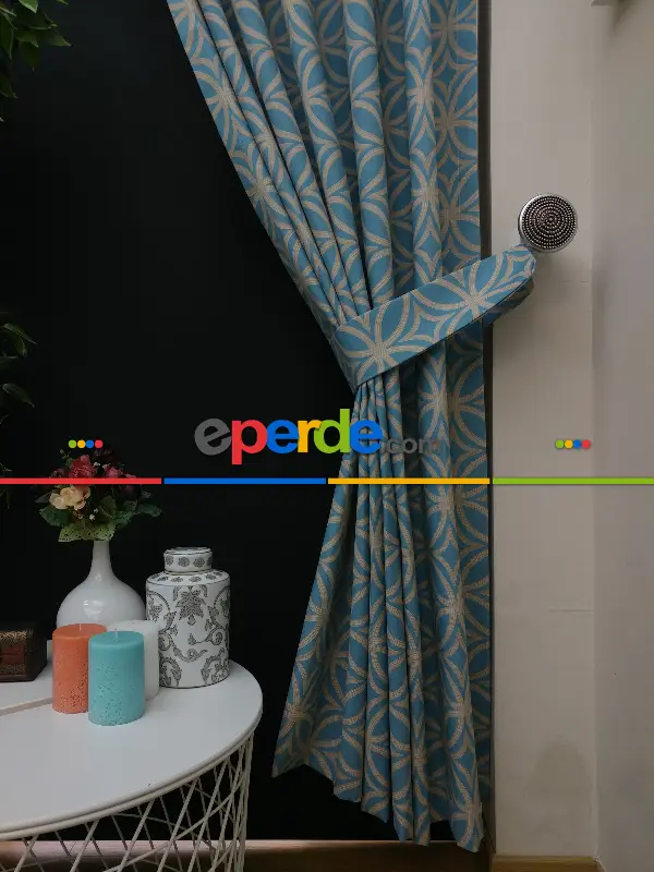 Salon Fon Perde - Dairesel Desenli Yatak Odası Fon Perde- Turkuaz