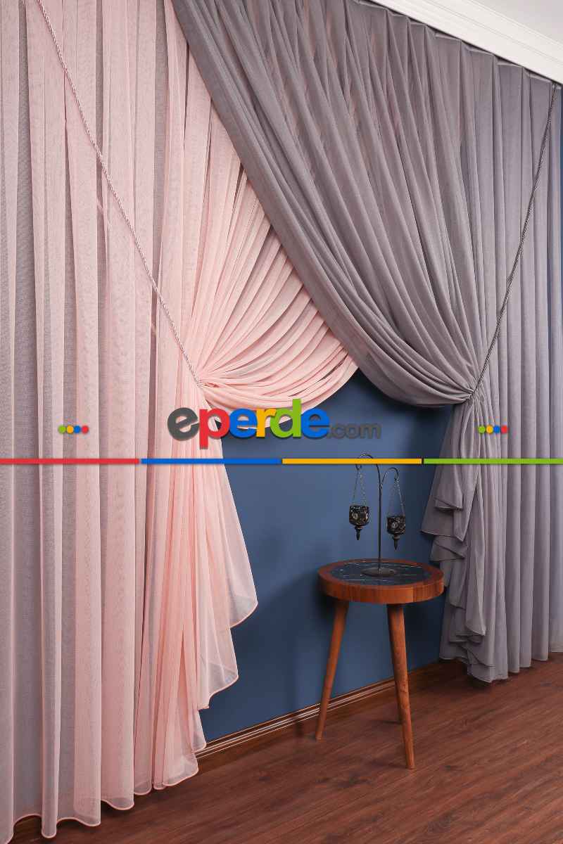Gri - Pudra Renkli Krevize Düz Tül Perde ( Kordon Hediyeli )