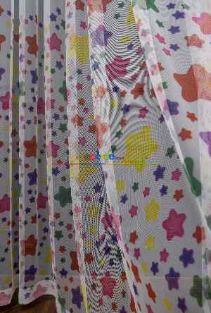 Hazır Ölçülü Petek Zemin Renkli Yıldızlar Desenli Grek Baskılı Tül Perde