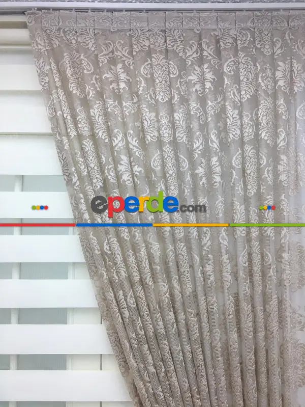 Dantel Damask Desen Tül Fon Perde - Bej- Bej