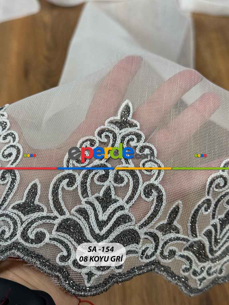 Salon - Ekru/gri/antrasit Gri Etek Ucu Özel İplik Hafif Simli Damask Brode İşlemeli Tül Perde - Ağır Gramajlı Premium Nakışlı