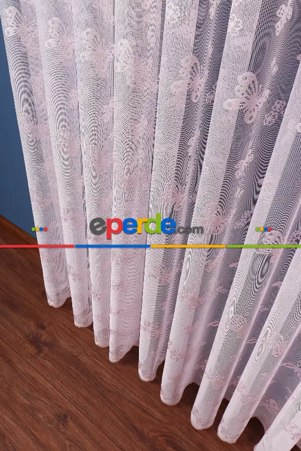 Kız Çocuk Odası Tül Perde -  Kelebekli Desenli Tül Perde - Pembe