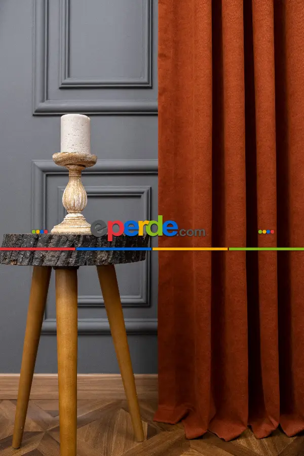 Salon - Kiremit Rengi Düz Fon Perde En  Dökümlü Fon Perde