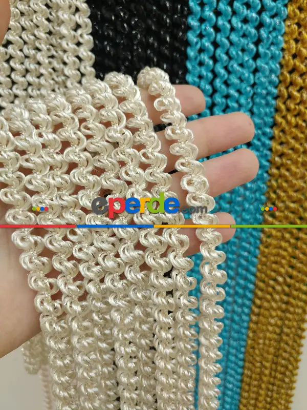 Açık Bej Rengi İp Perde Duble Bukle Serisi- Bej-gümüş