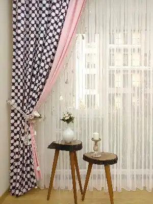 Geometrik Desenli Fon Perde ( Aksesuar Dahildir) ( Leke Tutmaz )- Siyah-Pembe-Mor