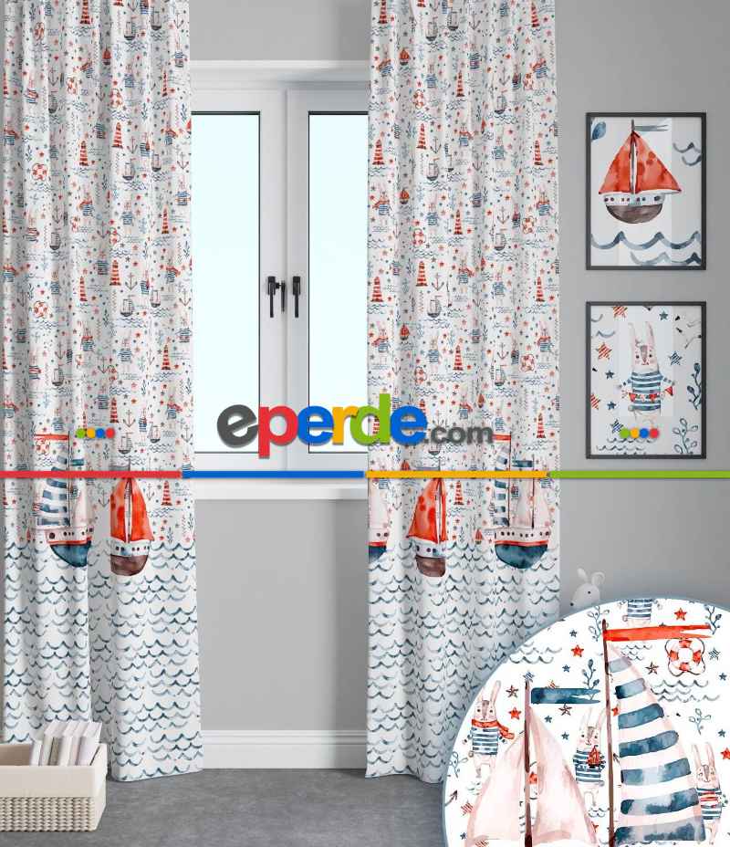 Gemili Gemici Denizci Tasarım Çocuk Odası Güneşlik Fon Perde