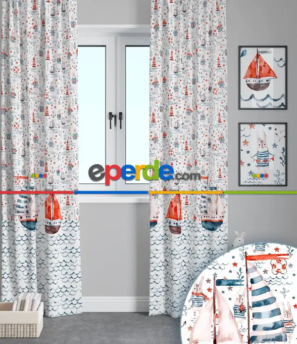 Gemili Gemici Denizci Tasarım Çocuk Odası Güneşlik Fon Perde