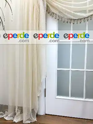 Kruvaze Tül Perde - Opsiyonel Ponpon Saçaklı - Krem Rengi- Krem