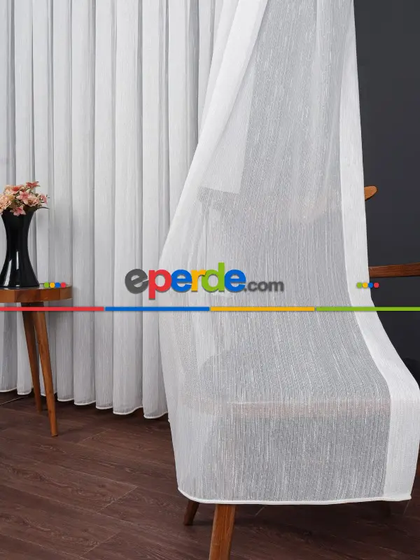 Bambu Zemin Noktalı Ve Çizgili Simli Düz Tül Perde Gramajlı