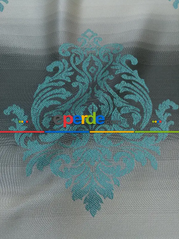 Renk Geçişli Jakar Desenli Salon Fon Perdesi - Turkuaz - Füme - Vizon- Bej-füme-turkuaz