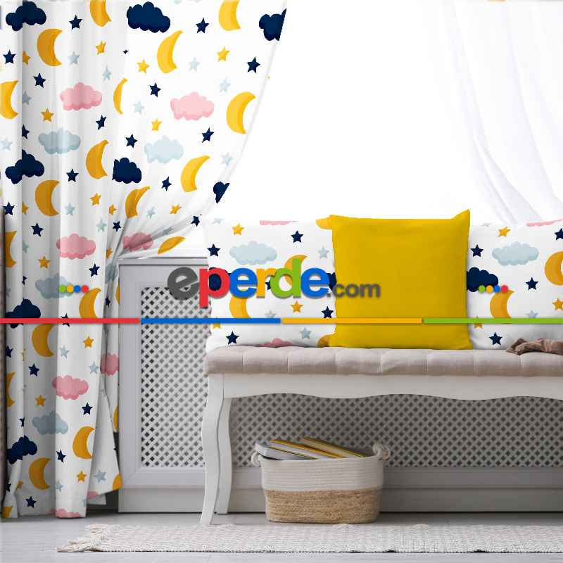 Gökyüzü Bulut Desenli Fon Perde Evim835 Kumaşı Kalındır Duck Bezi Değildir- Mavi-beyaz