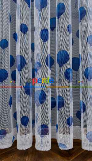 Hazır Ölçülü Petek Zemin Koyu Mavi Renkli Balonlar Desenli Grek Baskılı Tül Perde