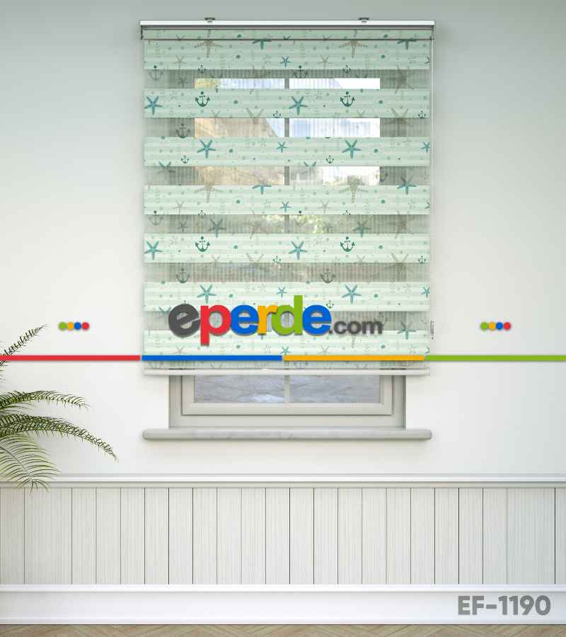 Deniz Yıldızı Baskılı Zebra Perde- Beyaz-turkuaz-su Yeşili