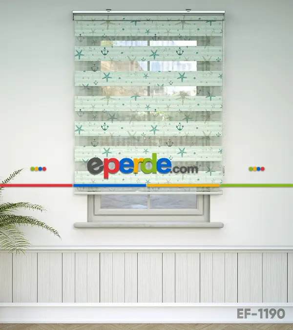 Bebek Odası Zebra Perde - Deniz Yıldızı Baskılı Zebra Perde- Beyaz-Turkuaz-Su Yeşili