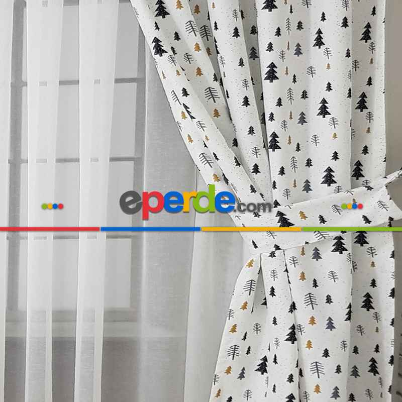 Çam Ağacı Desenli Fon Perde K601 Kumaşı Kalındır Duck Bezi Değildir- Beyaz