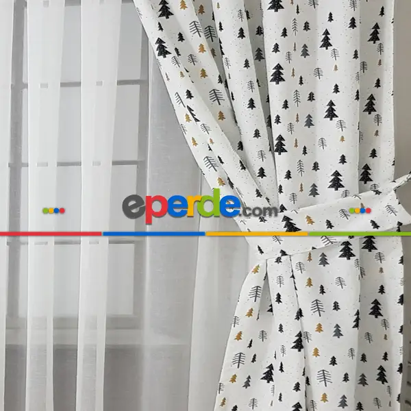 Kız, Erkek, Çocuk ve Bebek Odası Fon Perde - Çam Ağacı Desenli - Siyah Gri Sarı