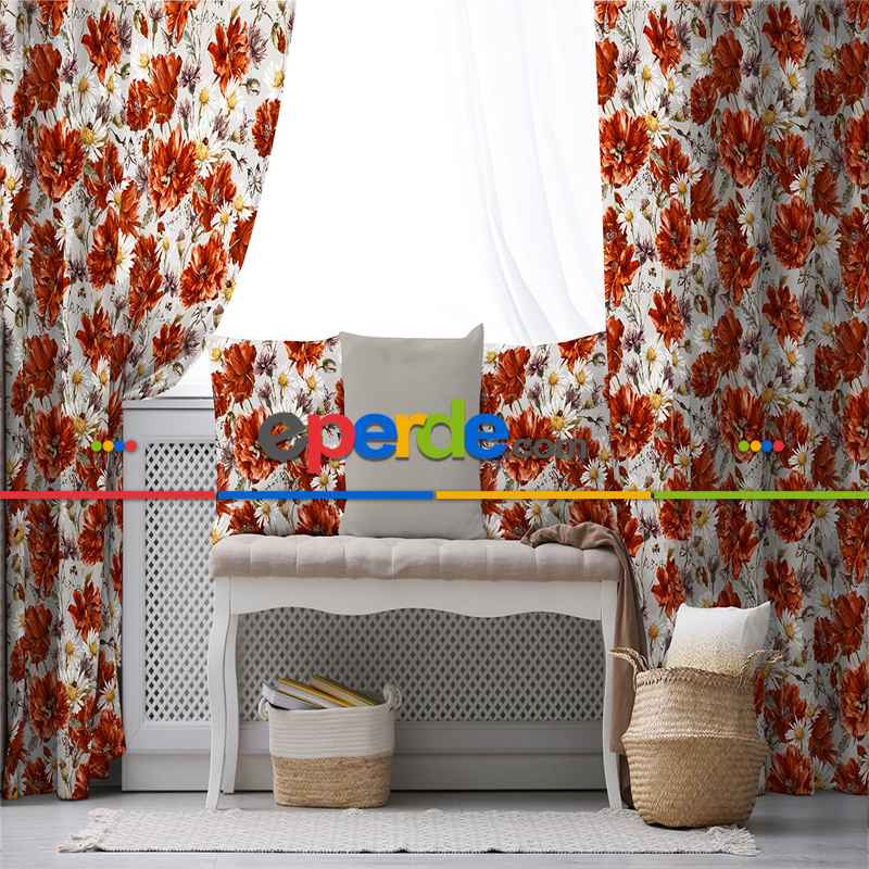 Tropik Desenli Fon Perde Evim645 Kumaşı Kalındır Duck Bezi Değildir- Mavi-beyaz