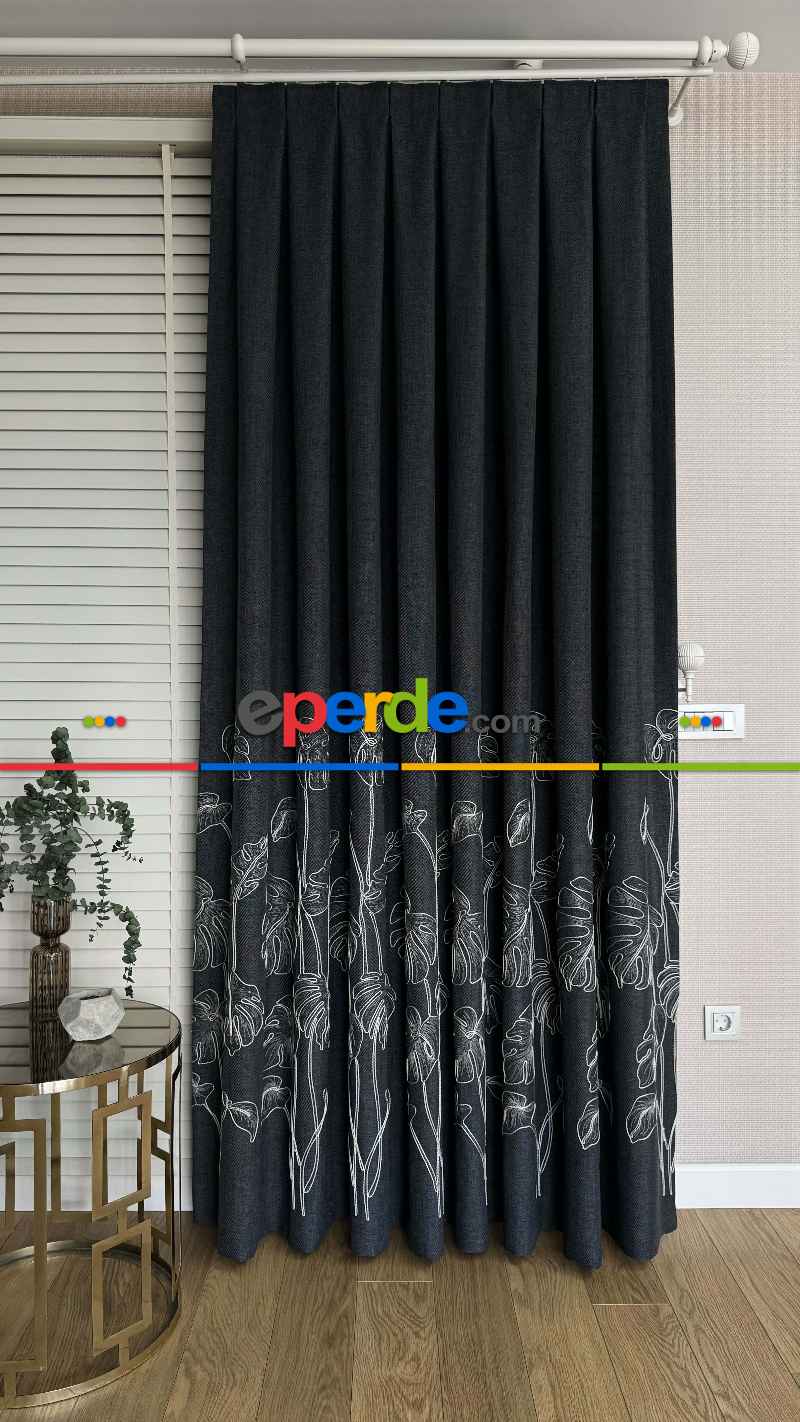 Antrasit Gri Palmiye Yaprak Desen Premium Keten Jakar Dokuma Nakışlı Pano Fon Perde - Gramajlı 2025