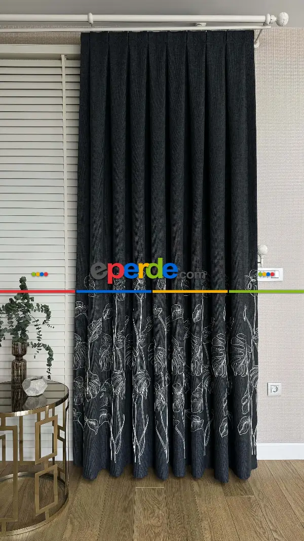 Antrasit Gri Palmiye Yaprak Desen Premium Keten Jakar Dokuma Nakışlı Pano Fon Perde - Gramajlı 2025