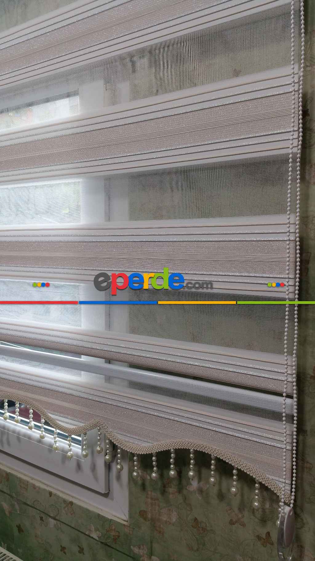 Yatak Odası - Elit Simli Pileli Zebra Perde Pudra Pembe - Gümüş Simli