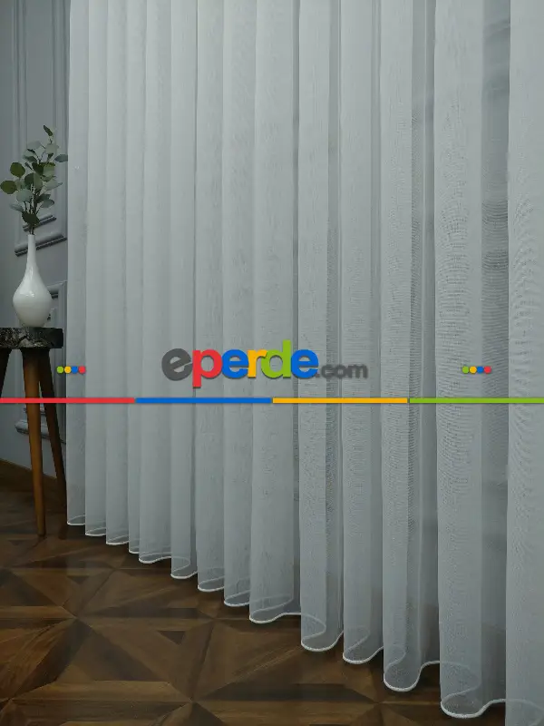 Salon - Düz Buzlu Zemin Tül - Keten Efektli İplikten Ekru Tül - Ütü İstemez- Ekru