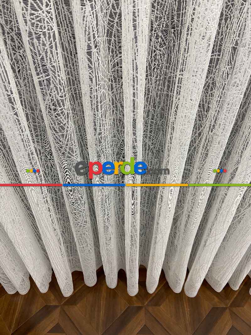 Tül Perde - Spor Desenli - Çizgili Fransız Dantel Örme Tül - Ekru Açık Krem
