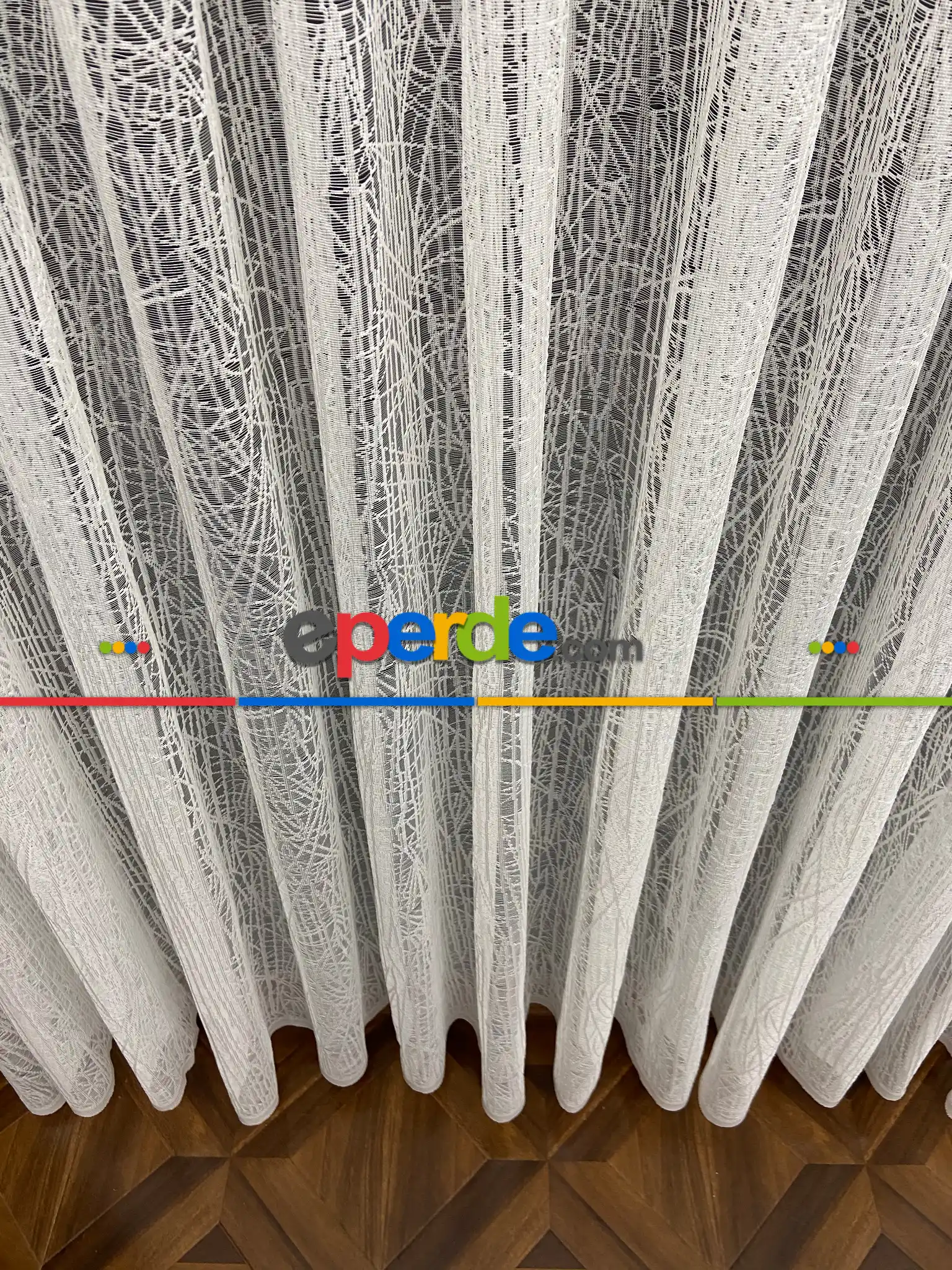 Tül Perde - Spor Desenli - Çizgili Fransız Dantel Örme Tül - Ekru Açık Krem