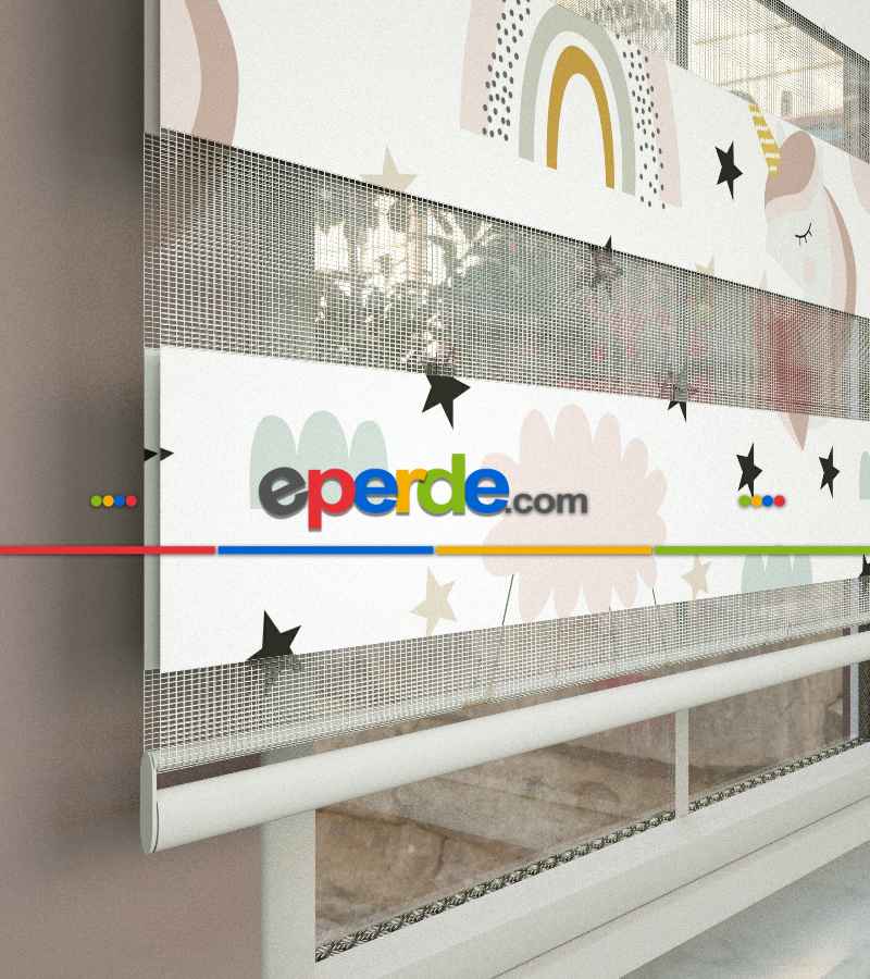 Çocuk Odası - Unicorn Desenli Baskılı Zebra Perde- Çok Renkli
