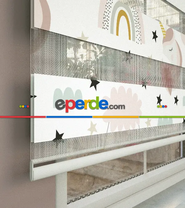 Çocuk Odası - Unicorn Desenli Baskılı Zebra Perde- Çok Renkli