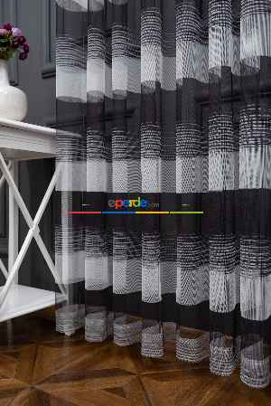 Hazır Ölçülü Petek Zemin Siyah Renkli Kalın Bantlı Modern Çizgi Desenli Grek Baskılı Tül Perde