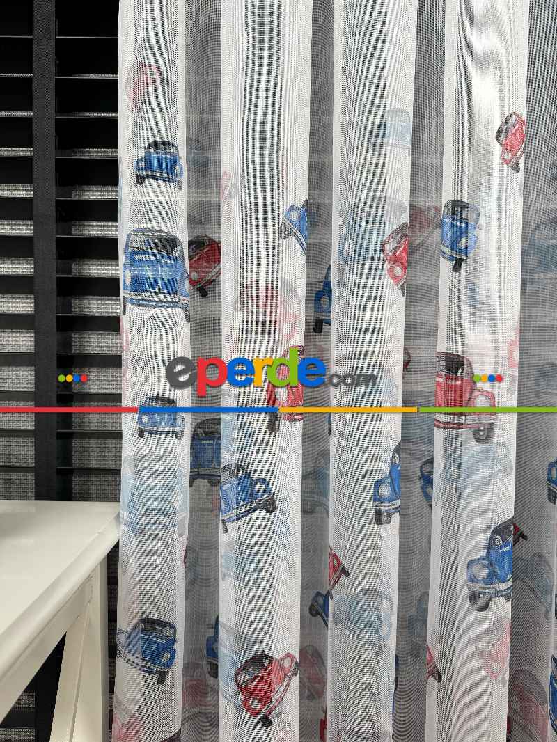 Çok Renkli Araba Desen Baskılı Tül Perde, Çocuk-bebek Odası, Premium Seri