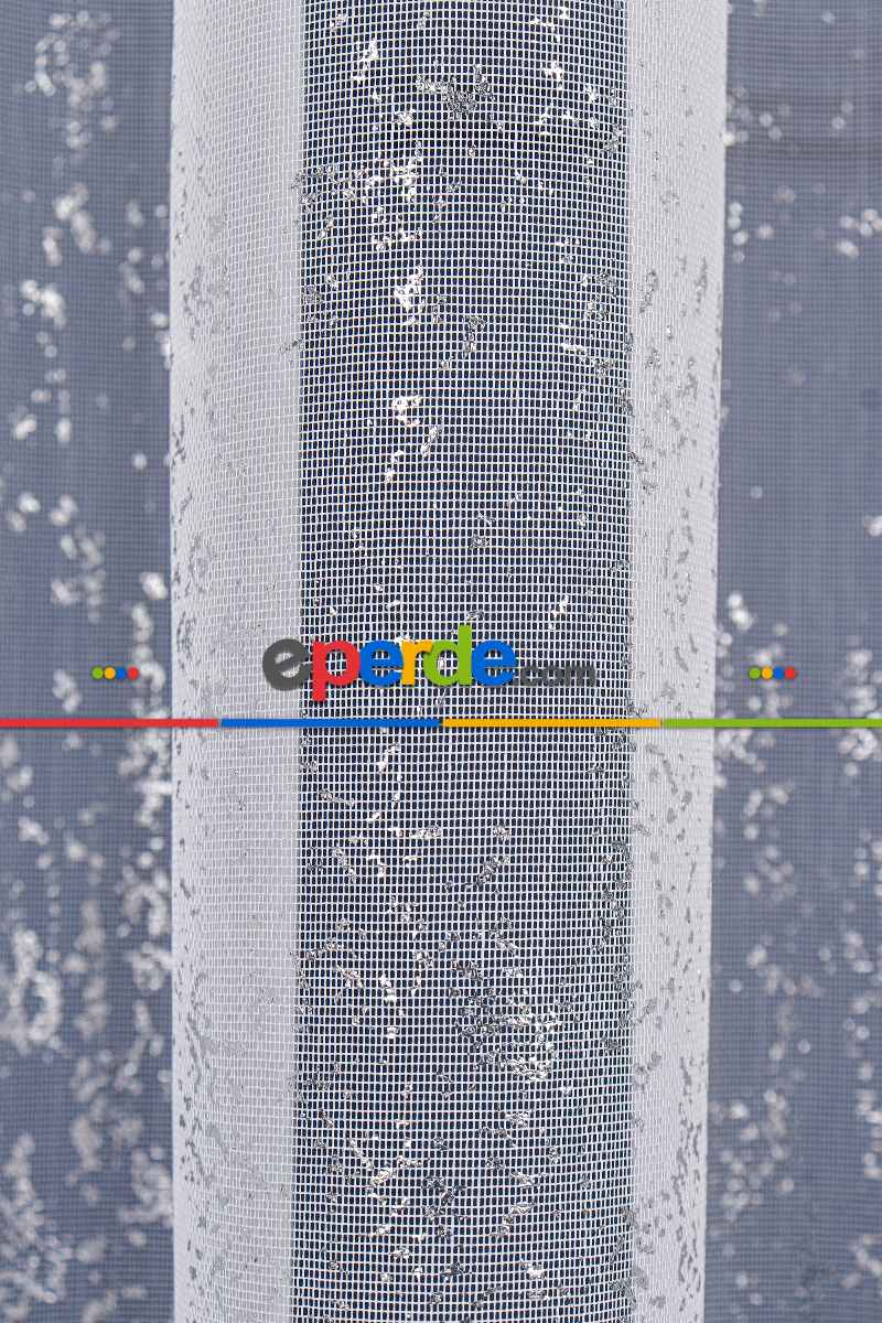 Salon Tül - Benekli Dijital Baskılı Tül Perde Ekru-gümüş