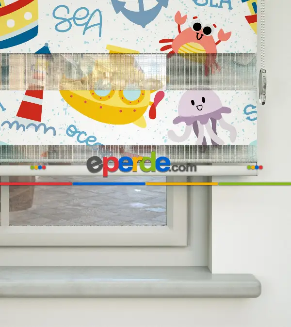 Bebek Odası Zebra Perde - Deniz Temalı Baskılı Zebra Perde- Çok Renkli