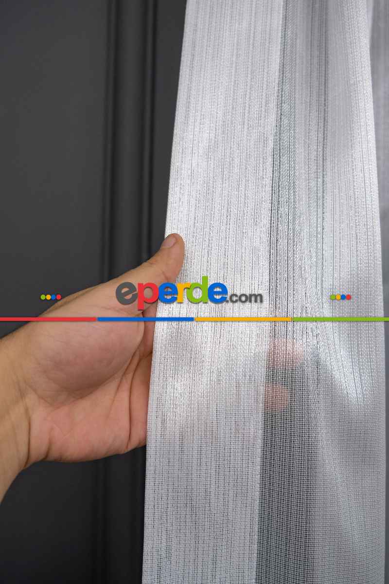 Çizgili Düz Tül Perde - Gümüş Simli Tül - Ütü İstemez - Kurşunlu Tül