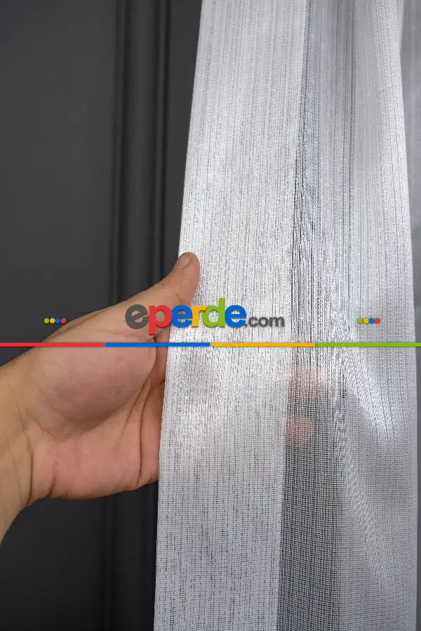 Çizgili Düz Tül Perde - Gümüş Simli Tül - Ütü İstemez - Kurşunlu Tül