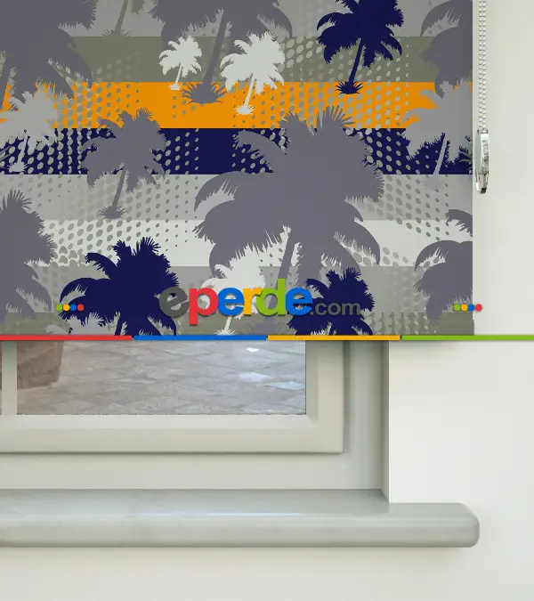 Palmiye Desenli Baskılı Stor Perde- Gri-füme-antrasit-turuncu-çok Renkli