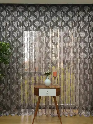 Damask Desenli Floş Örme Tül Perde- Siyah-Gri-Füme-Antrasit